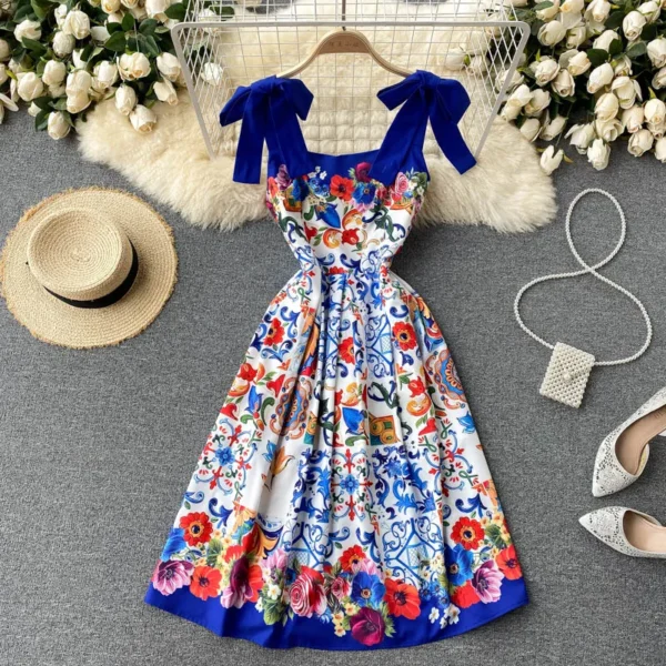 Women's Spaghetti Strap Bow Tie Printing Midi