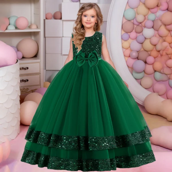 Elegant Sequin Bow Party Dress for Girls Carnival Christmas Costumes Long Tulle Birthday Evening Princess Pageant Kids Clothing