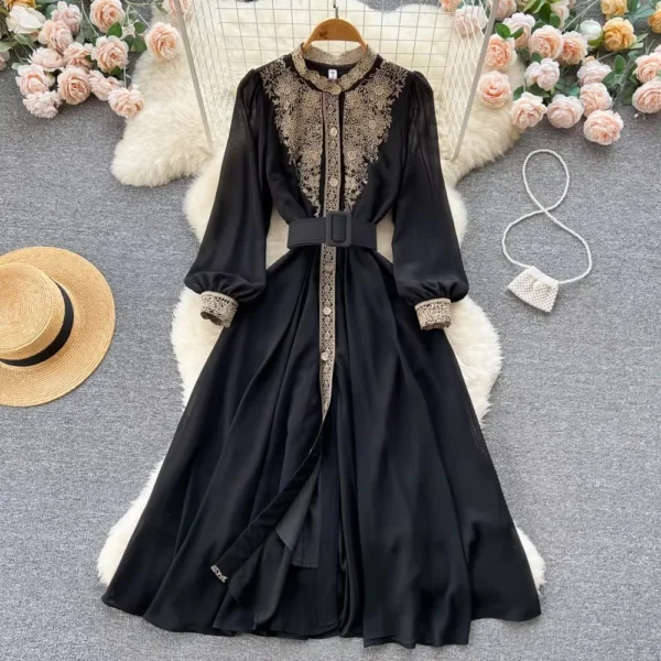 Retro Elegant Lace Patchwork O Neck Dress