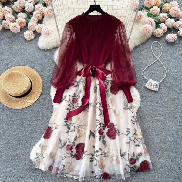 French Luxurious Knitted Embroidered Mesh Dress