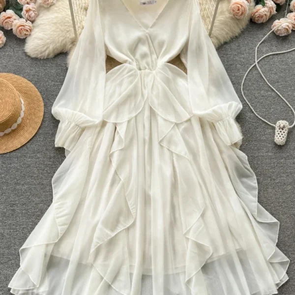 Ruffles Patchwork Solid Color V Neck Puff Sleeve Dress