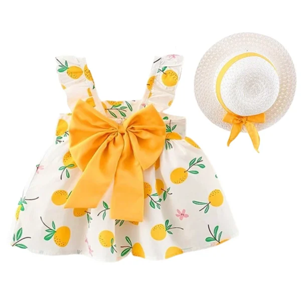 Newborn Baby Girls Ruffled Sleeveless Dresses Bow Decoration Girl Dress with Hat 2 Pieces Baby Outfits Summer Dresses Clothing