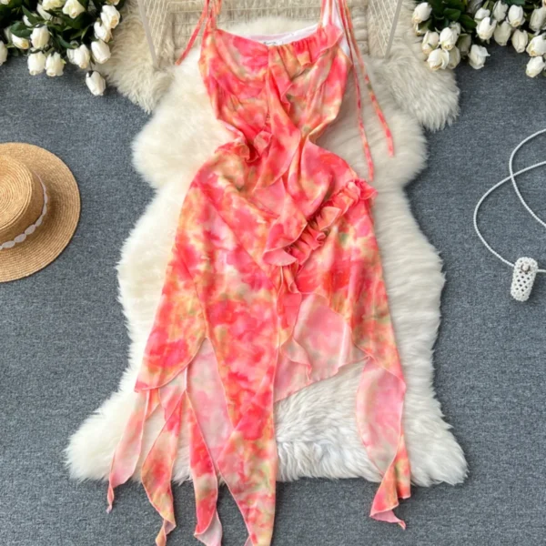 Foamlina Summer Fashion Tie Dye Print Spaghetti Strap Dress