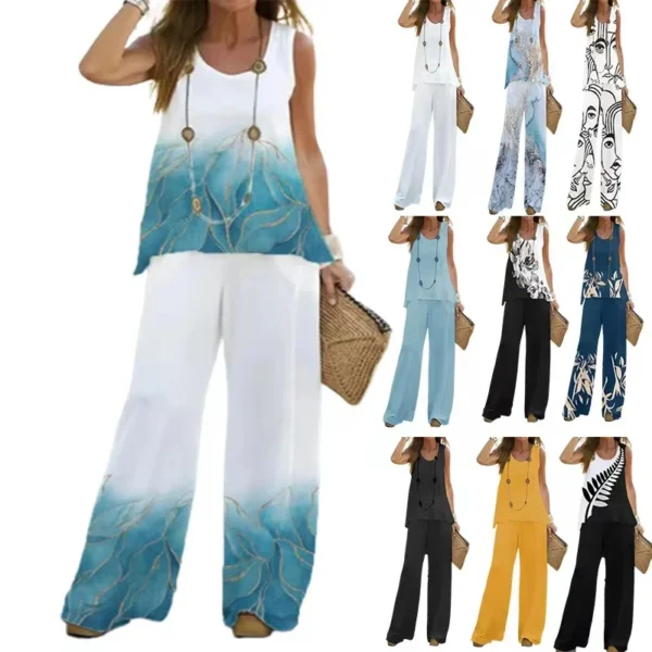 Women Summer Tops Vest Tank Sleeveless Tees Pants Wide Leg Full Long Pant Big Large T Shirts Suit Loose Casual Suits Sets