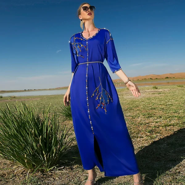 New royal blue satin medium-sleeved long dress, Dubai travel, fashion temperament, slim and thin, elegant clothing new