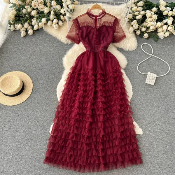 Mesh Tulle Cake Dress, Short Sleeve Layer Ruffles A Line Midi Long Dresses