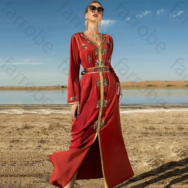 Customized Dubai Abayas Red Evening Dresses Satin V Neck Beading Crystal A Line Morocco Dress For Women Robes De Soirée Belt